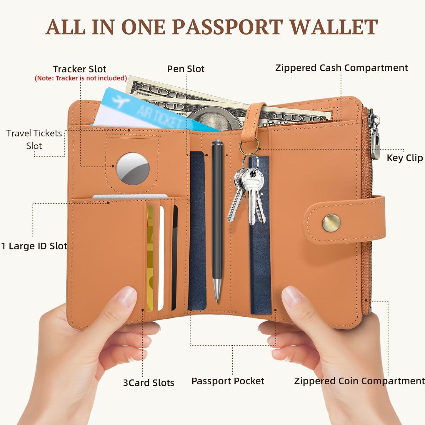 Full Grain Leather Passport Wallet, RFID Blocking Passport Holder with Tracker Slot, Multi Compartment Travel Wallet for Women & Men, Secure Passport Cover Case for Airport Essentials (Brown)