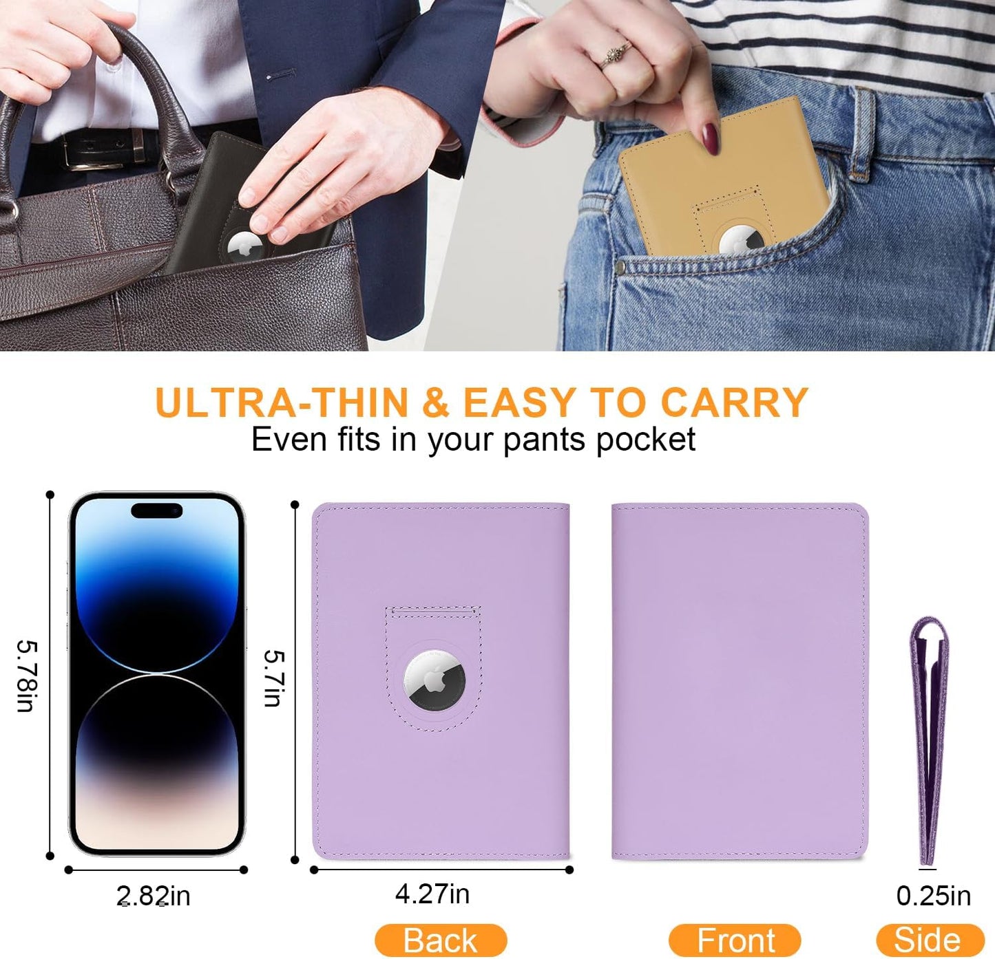 Full Grain Leather AirTag Passport Holder Wallet Cover for Men and Women Travel, Passport Holder with AirTag Slot Passport Wallet, Travel Essentials Genuine Leather Passport Cover Gifts (Purple)