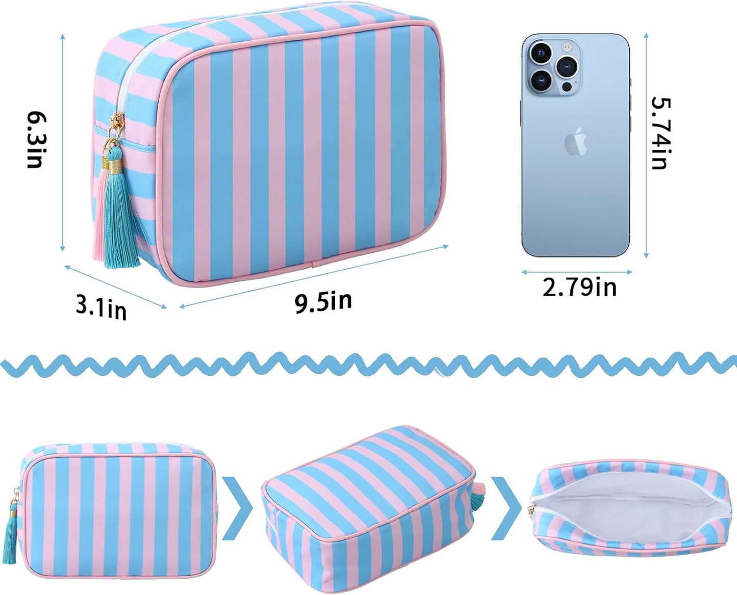 Stripe Makeup Bag Travel Cosmetic Bag Organizer Tassel Toiletry Bag Large Canvas Zipper Pouch and Accessories Storage Bag for Women