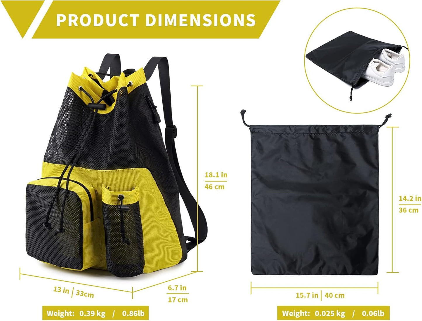 Lohol Large Mesh Drawstring Backpack with Shoe Bag, Durable Swimming String Sack with Handle for Sports Gym Yoga Beach Travel
