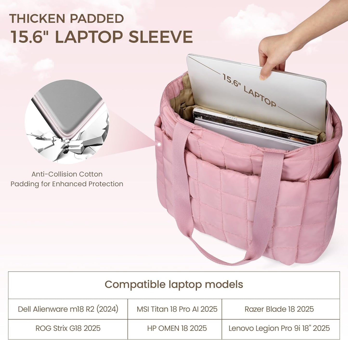 befen Laptop Tote Bag for Women Work, Travel Tote Bags Nurse Puffer Quilted Handbags, Lightweight Waterproof Beach Purse