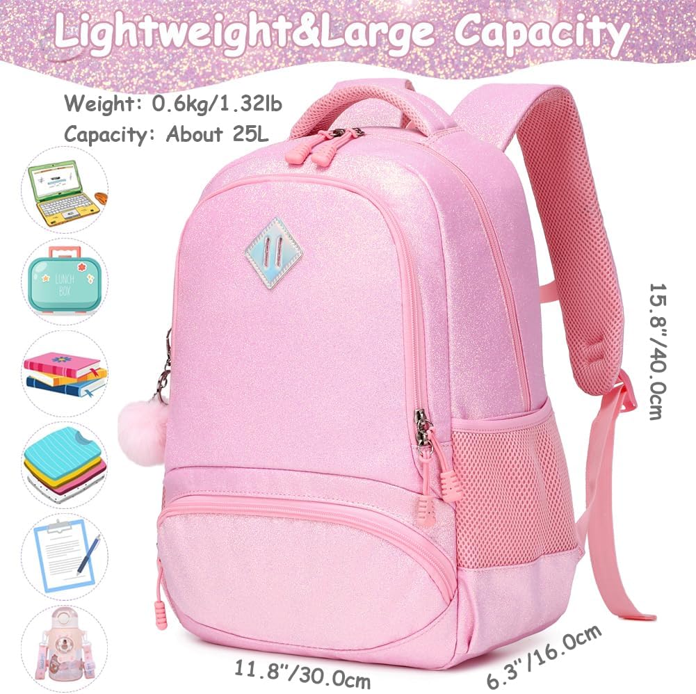 School Backpack for Girls Shiny Glitter Sparkly Bookbag for Kids Elementary Middle School Bags for Girl Blingbling Pink
