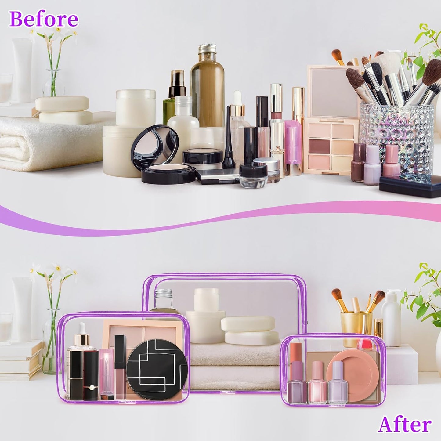 TISRATOK 12 PCS Clear Makeup Bag for Women with Zipper, TSA Approved Toiletry Pouch, Cosmetic Bag Bulk for Travel Organizer Essentials - Purple, Large