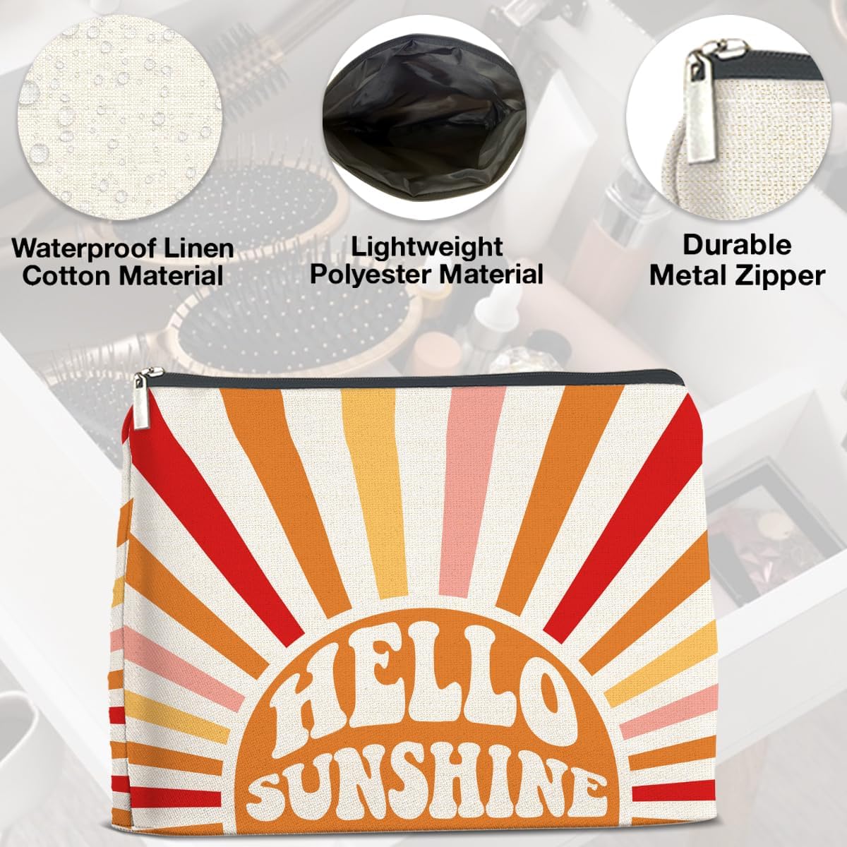 Inspirational Gifts Hello Sunshine Makeup Bag, Positve Gifts for Women, Boho Sunrise Sunshine Zipper Makeup Pouch