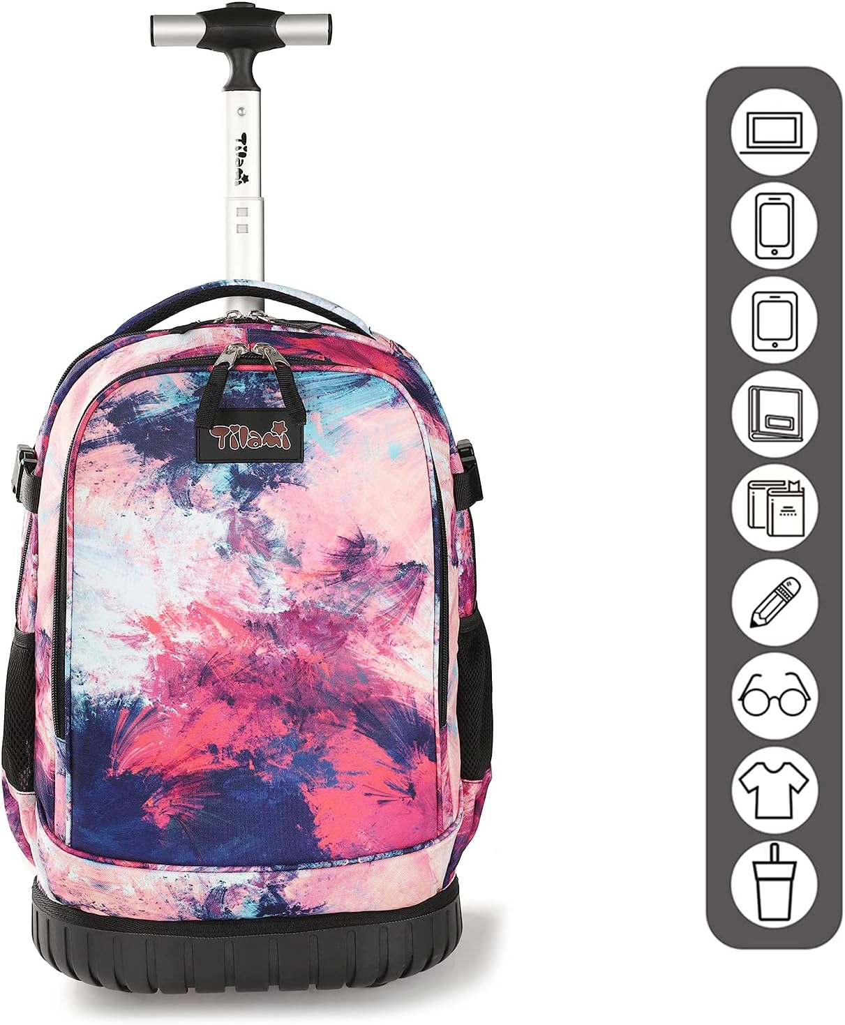 Tilami Rolling Backpack & Lunch bag for Kids 19 Inch Wheeled Bookbag for Boys & Girls for School & Travel,Pink wave