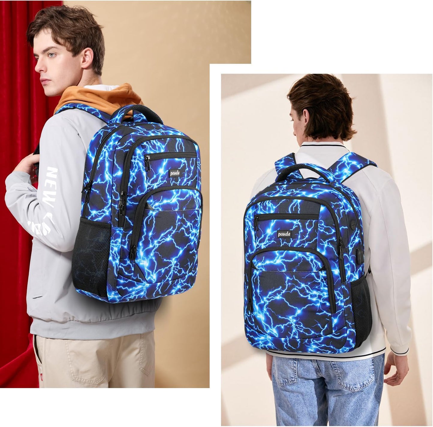 Paude Backpack for Men,15.6 Inch College Backpack School Bookbag for Teens,Laptop Bookbag with USB Port and Headphone Hole