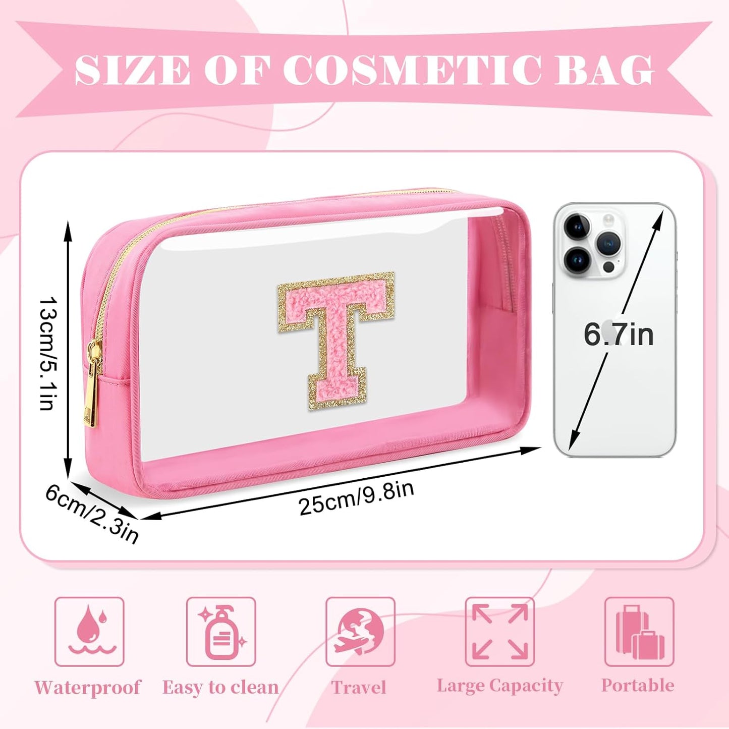 Personalized Initial Letter Clear Makeup Bag,Preppy Small Nylon&PVC Cosmetic Zipper Bag with Chenille Letter,Portable Beach Travel Skincare Toiletry Bag,Trendy Monogram Gift for Teen Girls Women,T