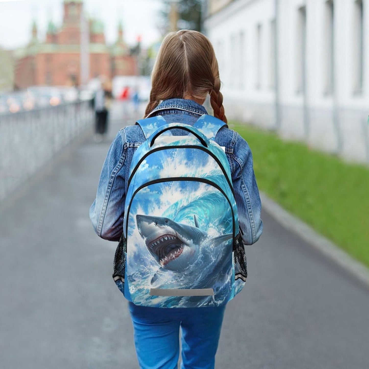 Shark Blue Ocean Wave Backpack for Boys Girls Elementary School Bag Kids Bookbag Travel Rucksack