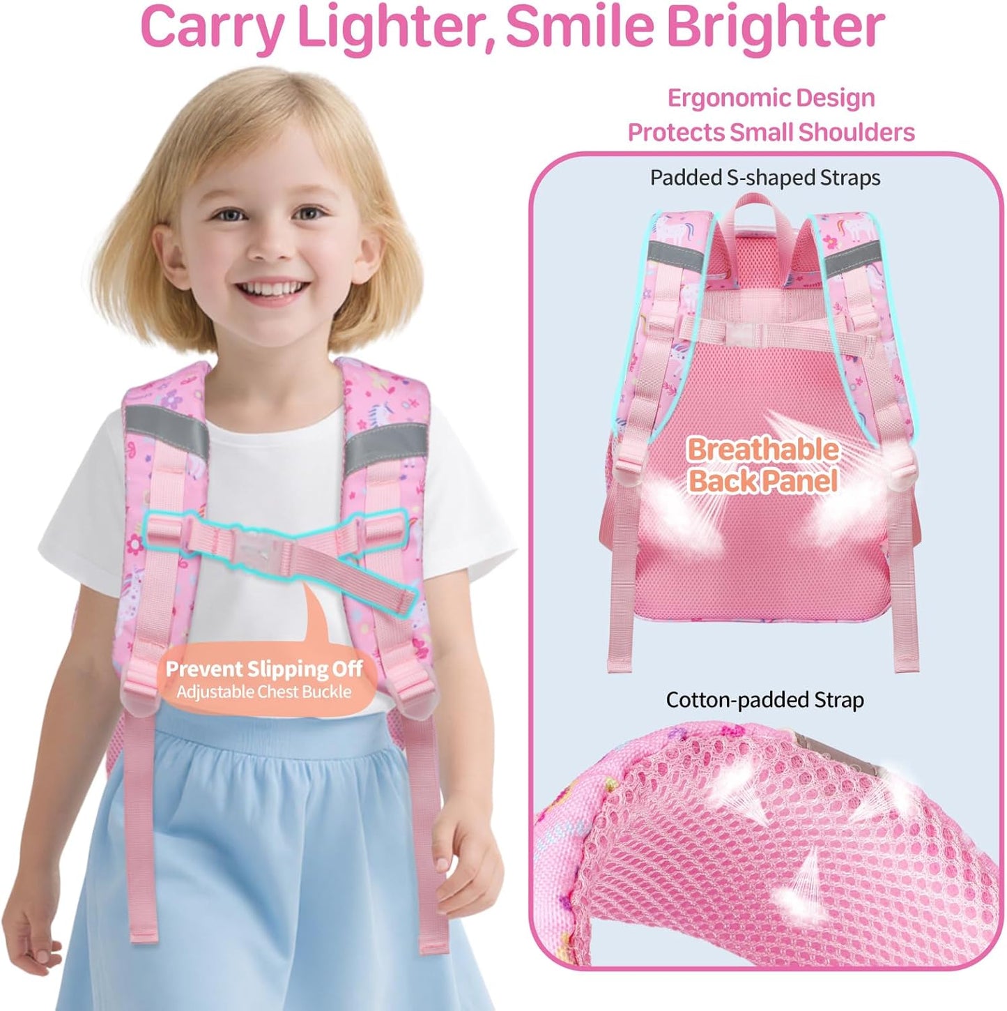 Bagseri Clear Backpack for Kids - 15 Inch Clear Bookbag for Girls Aged 3 to 8 Heavy Duty Transparent Backpack for School, Safe Reflective Strip, Cute Fabric Back Panel, Pink Unicorn