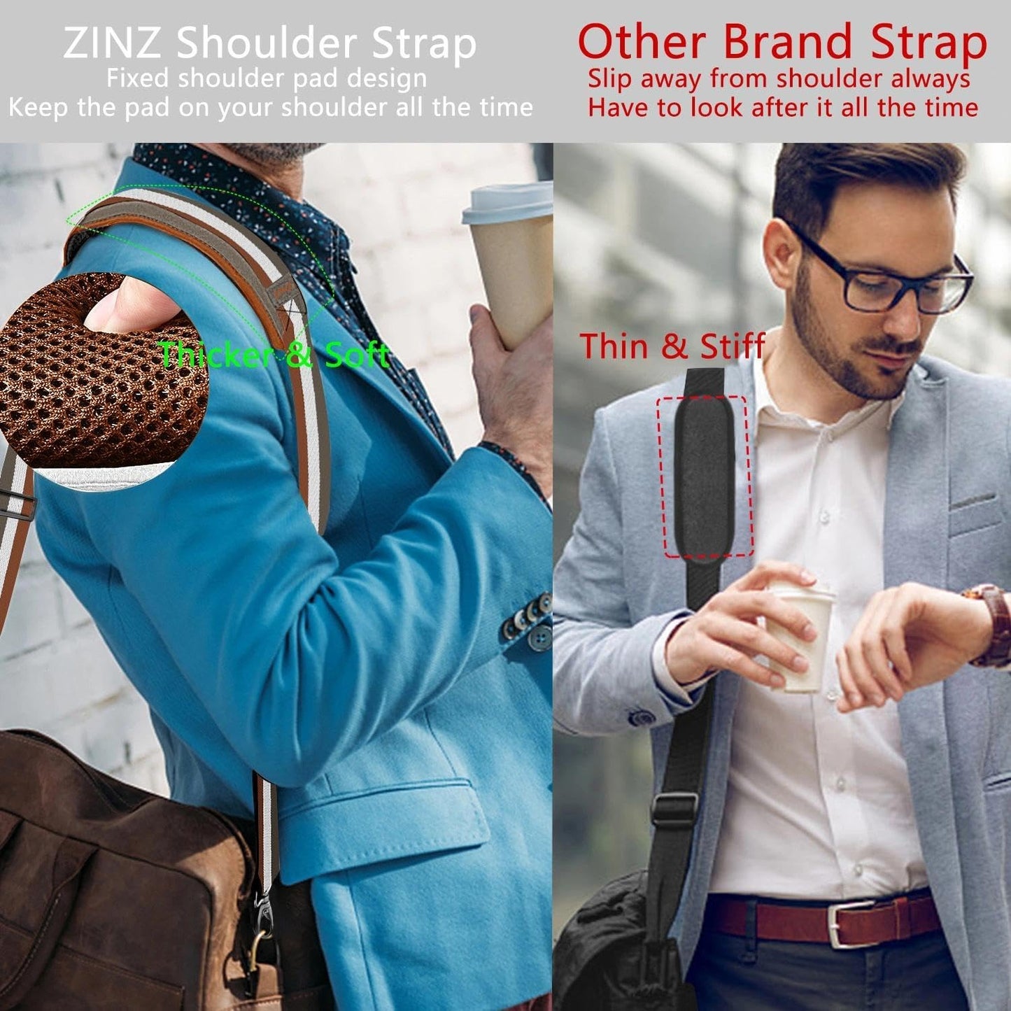 ZINZ Shoulder Strap 58" Ultra-Thick Fixed Padded and Adjustable Buckles Crossbody Strap for Briefcase Laptop Bag Luggage