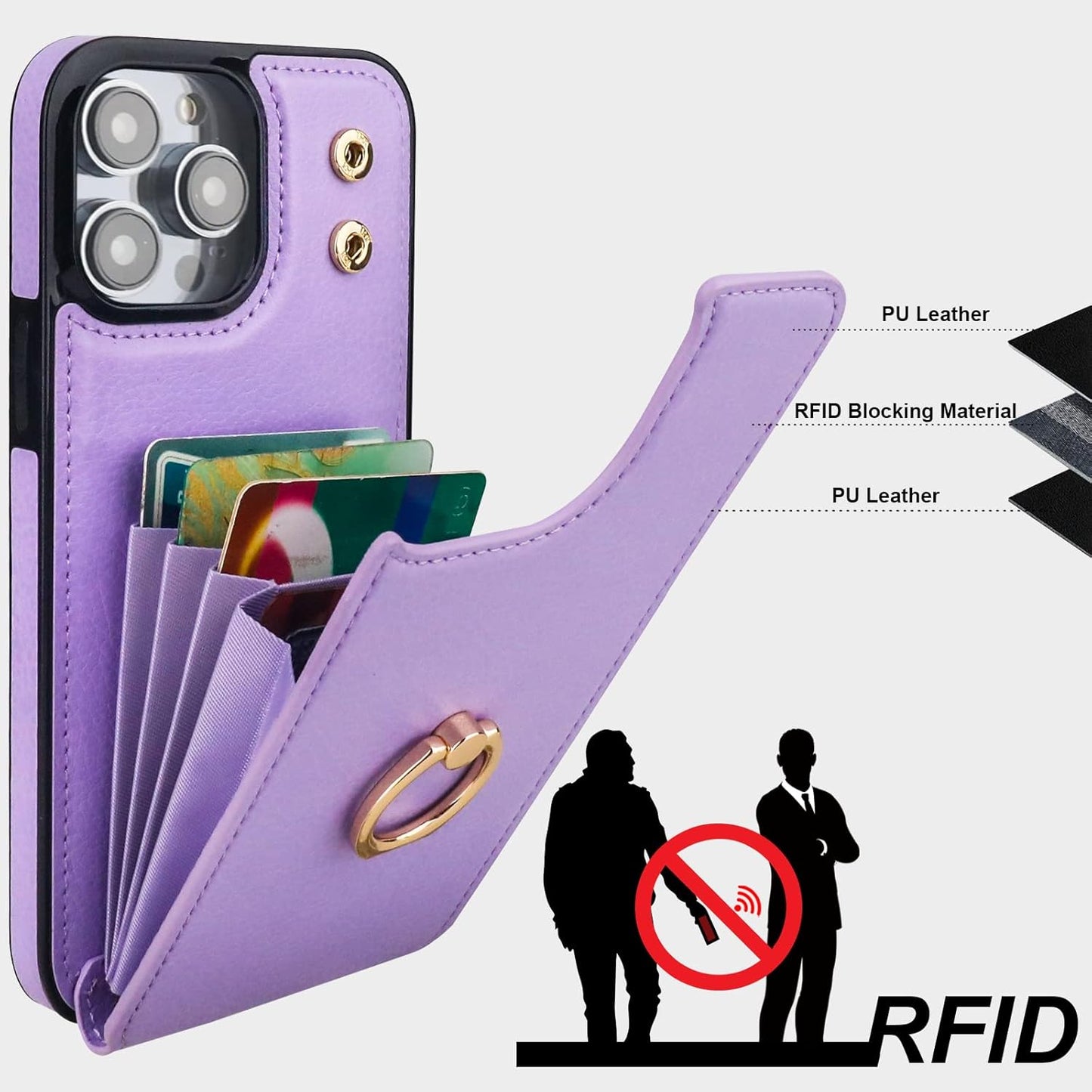 Folosu Compatible with iPhone 14 Pro Case Wallet with Card Holder, 360°Rotation Finger Ring Holder Kickstand, RFID Blocking Leather Protective Double Buttons Shockproof Cover 6.1 Inch Purple