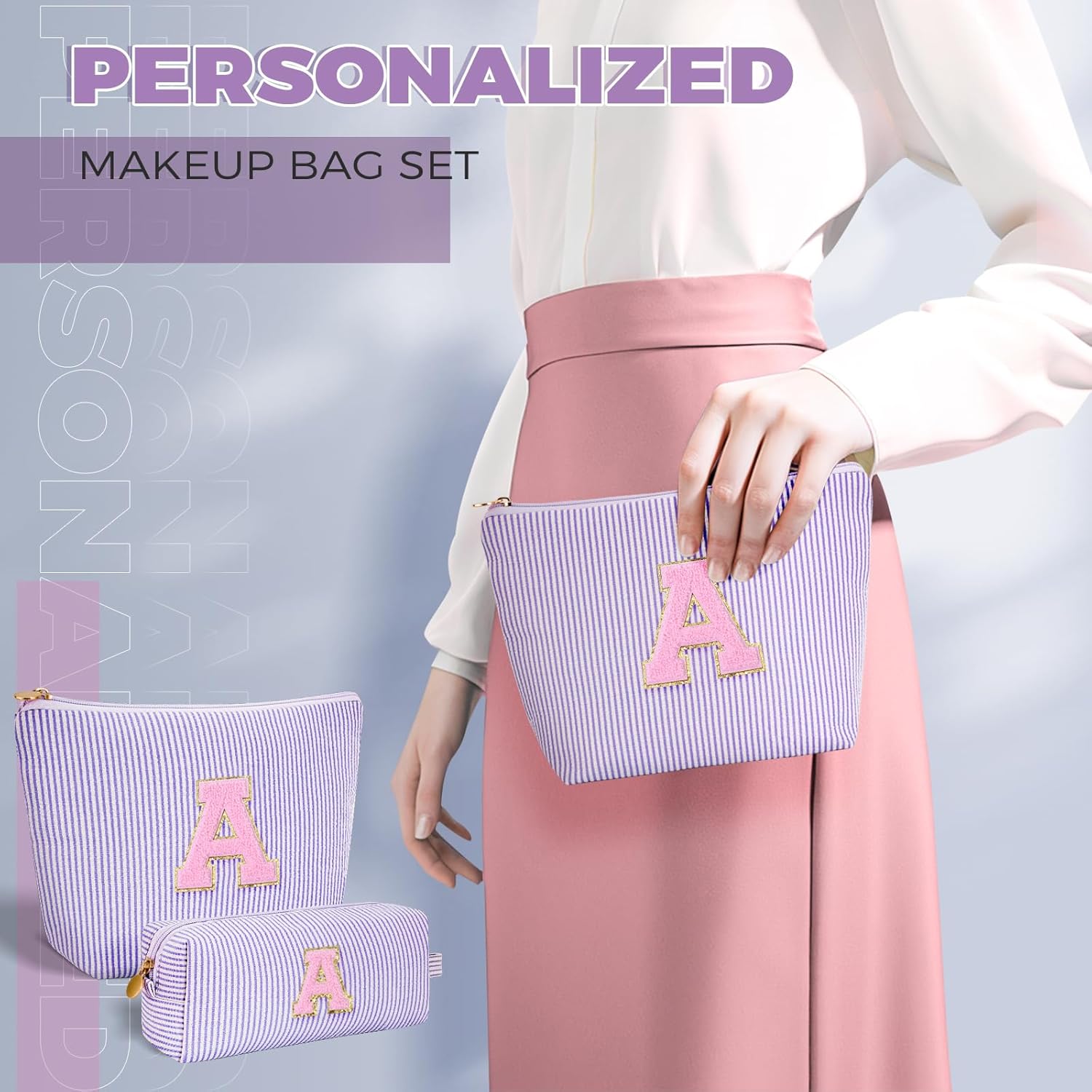 Makeup Bag Set Initials Cosmetic Bag,Birthday Graduation Gifts for 10 11 12 13 14 15 16 17 18 Years