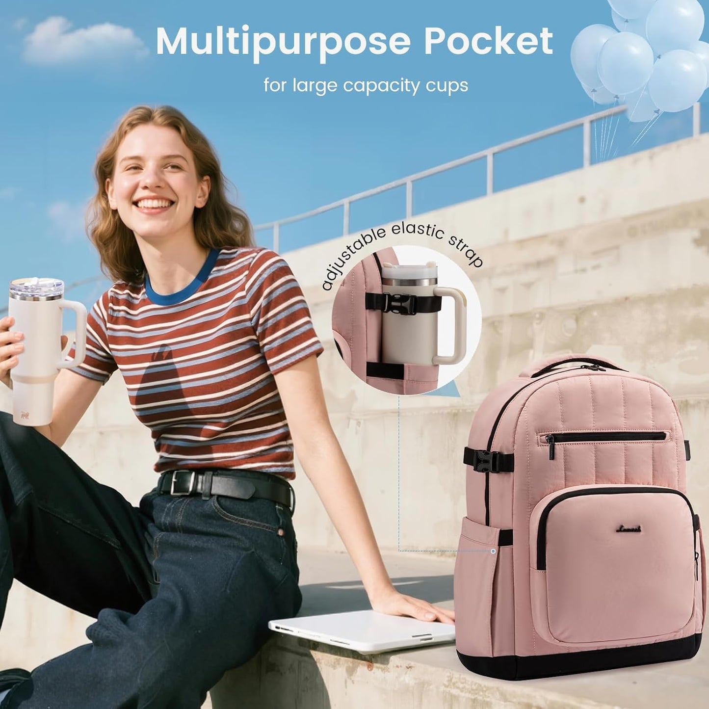 LOVEVOOK Laptop Backpack Women with Pouch Pocket for Large Capacity Cup,15.6 Inch Lightweight Puffer Computer Laptop Bag Quilted Travel Backpack Purse for Work College Teacher Personal Item,Pink-Black