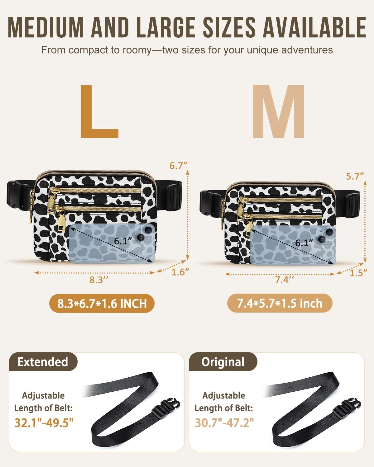 Capolo Fanny Packs for Women Fashion Waist Packs Bag with Adjustable Strap and 4 Zipper Pockets Waterproof Everywhere Crossbody Belt Bag for Workout Running Travelling(Cow Print, Large)