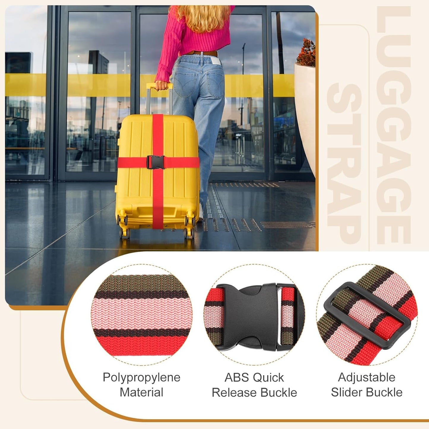 MECCANIXITY Luggage Straps with Quick-Release Buckle Adjustable Suitcase Belt Strap for Suitcase Briefcase Backpack Travel, Red-Pink-Green, Pack of 4