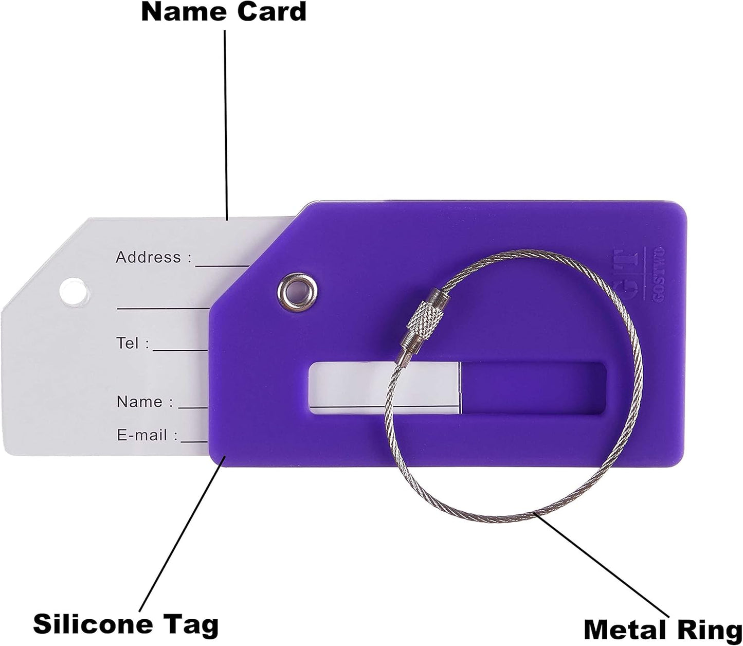 Gostwo 2 Pack Silicone Luggage Tags for Suitcases, 26 Initial Letter Baggage Labels Handbag School Bag Suitcase Instrument Tag with Stainless Steel Loop(Purple)(Airplane)