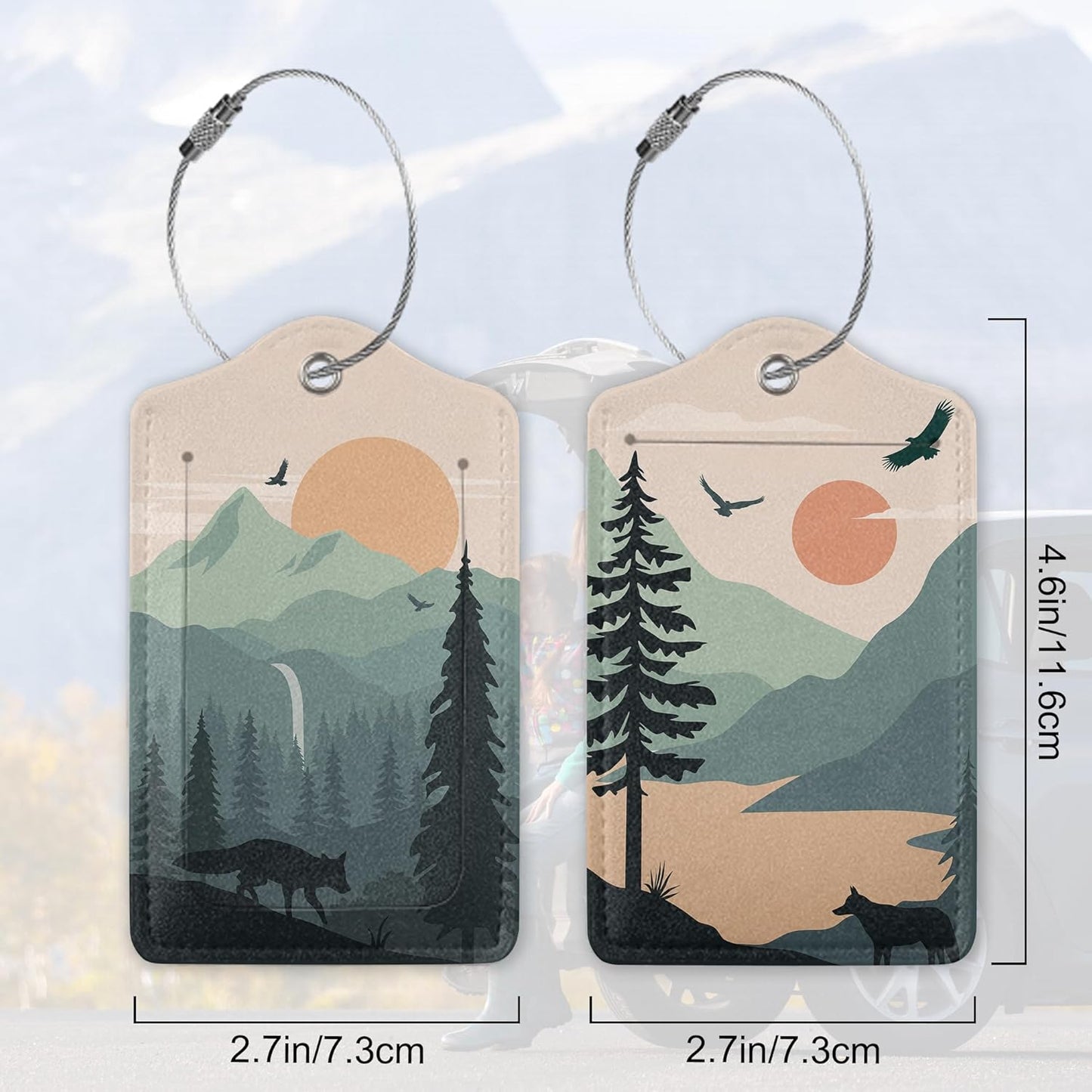 2 Pack Luggage Tags with Landscape with Mountain Tree Fox for Suitcases, Mountain Wild Animals PU Leather Luggage Tag Accessories Privacy Cover ID Label with Stainless Steel Loop for Travel Bag