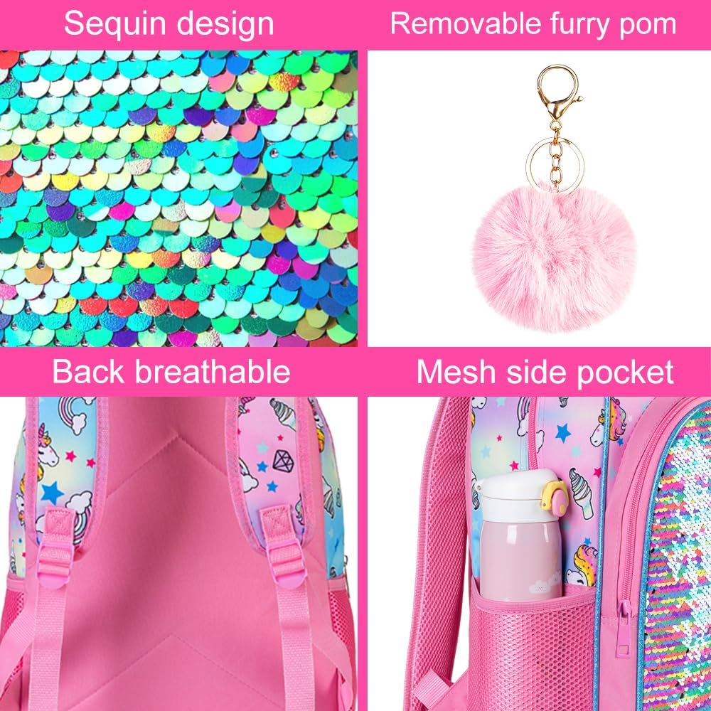 3PCS Kids Backpacks for Girls, 16" Little Kid Preschool School Bookbag and Lunch Box - Unicorn/Mermaid/Flamingo