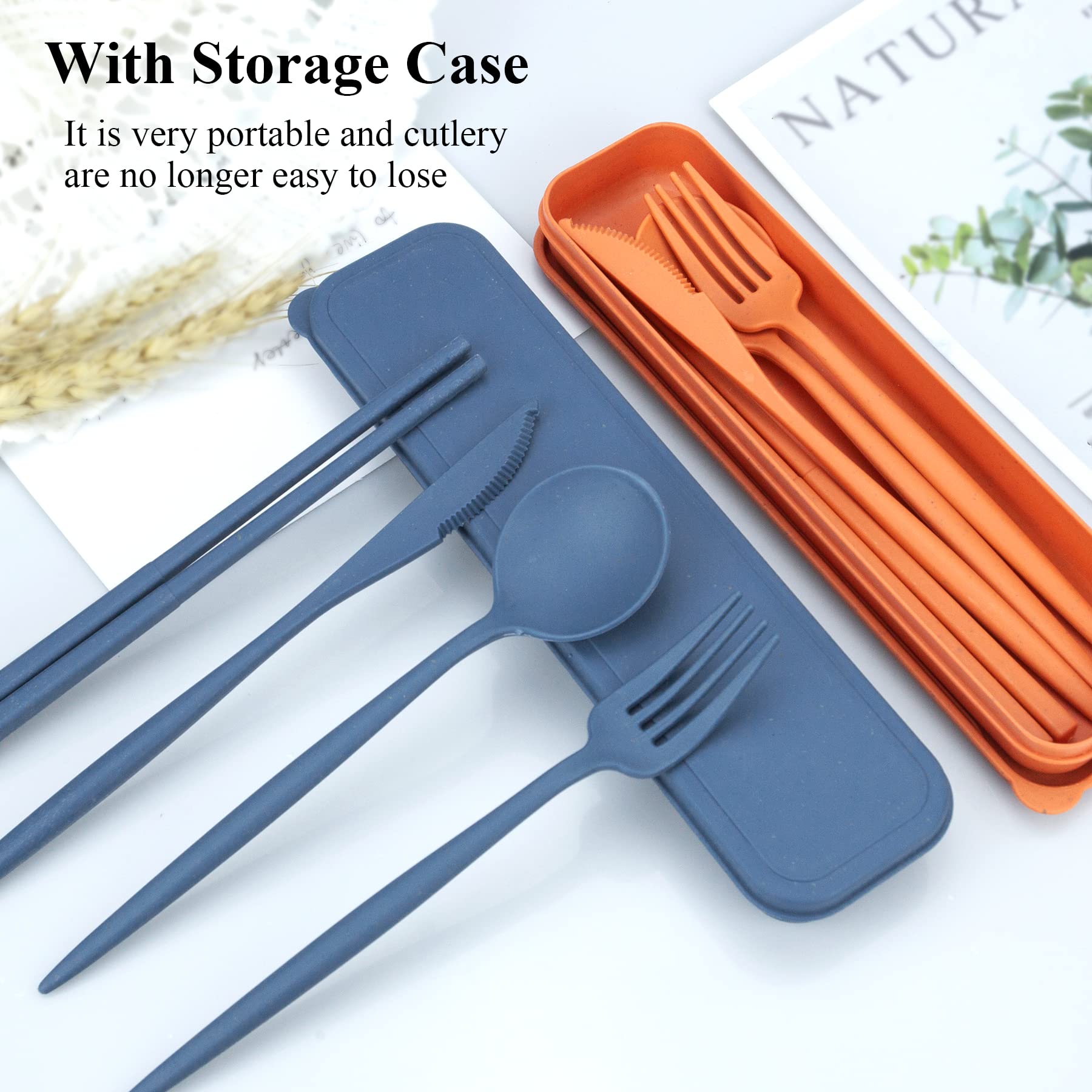DISSKNIC Reusable Travel Utensils with Case, 4 Sets Wheat Straw Portable Cutlery Set Chopsticks