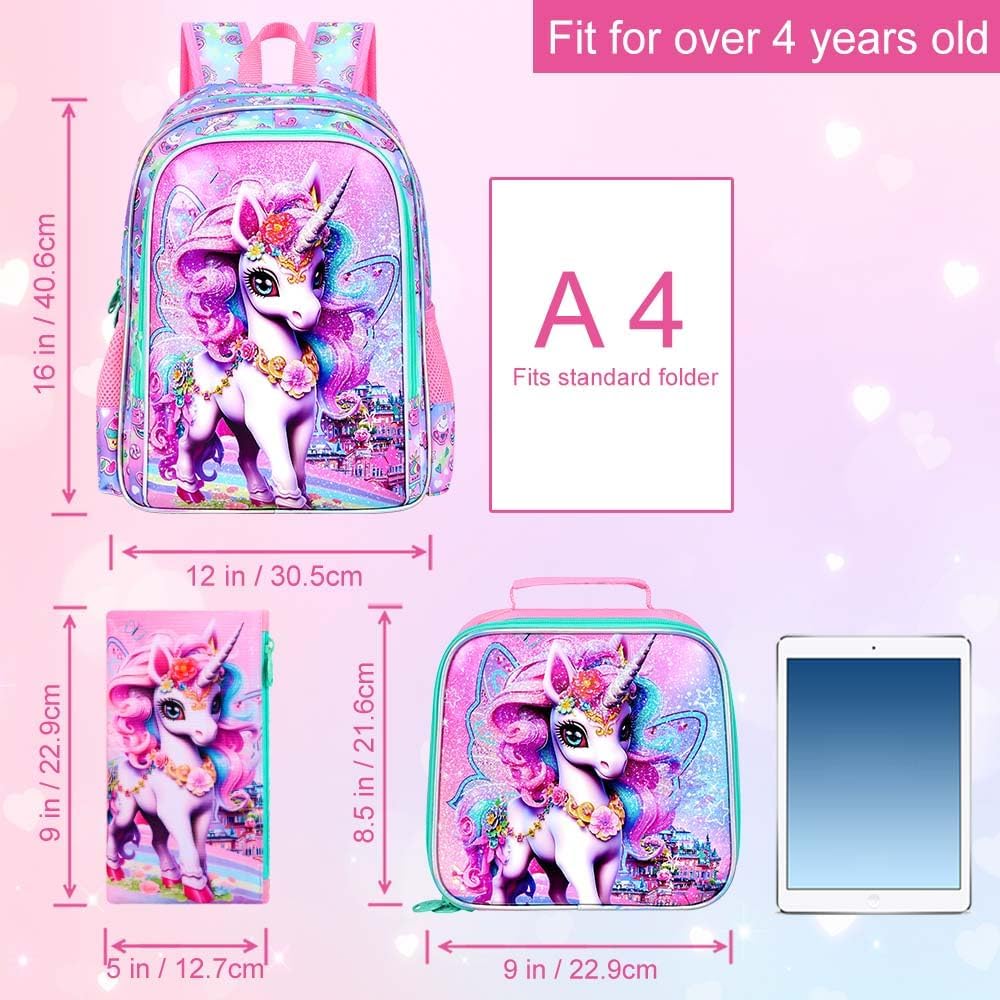 3PCS Unicorn Backpack, Water Resistant Girls Bookbag Set with Lunch Box，Cute Kids Elementary School Bag for Preschool Toddler