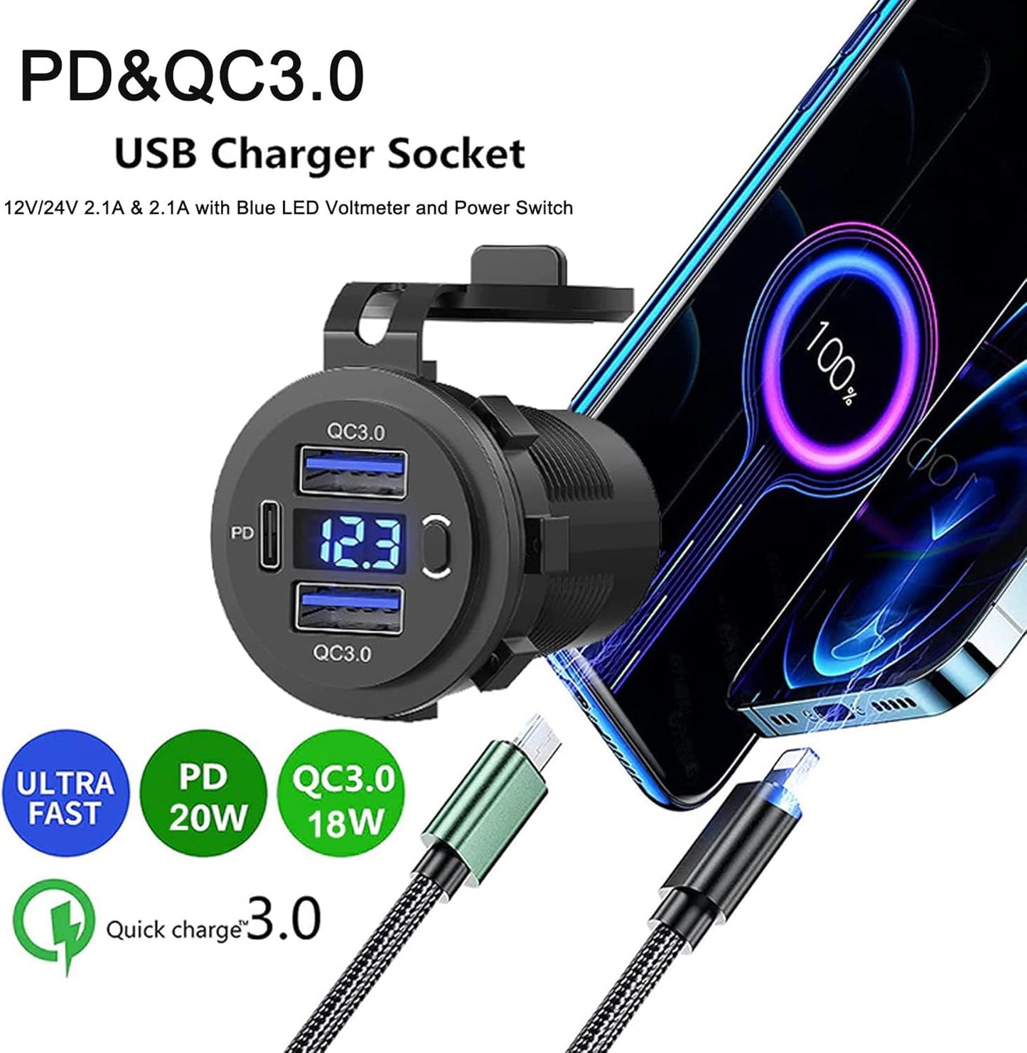 Zennova [5 Pack] 12v USB Outlet, Dual USB Quick Charge 3.0 Port and PD USB C Car Charger Socket Waterproof with Voltmeter and Power Switch for Car Golf Cart Boat Marine Bus Truck RV Marine Motorcycle