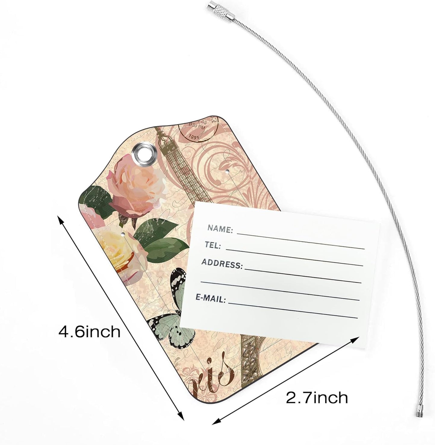 2 Pack Luggage Tags for Suitcase,Roses and Eiffel Tower PU Leather Idea Baggage Tag with Name Labels Privacy Cover Metal Ring Men and Women Travel Cruise Labels
