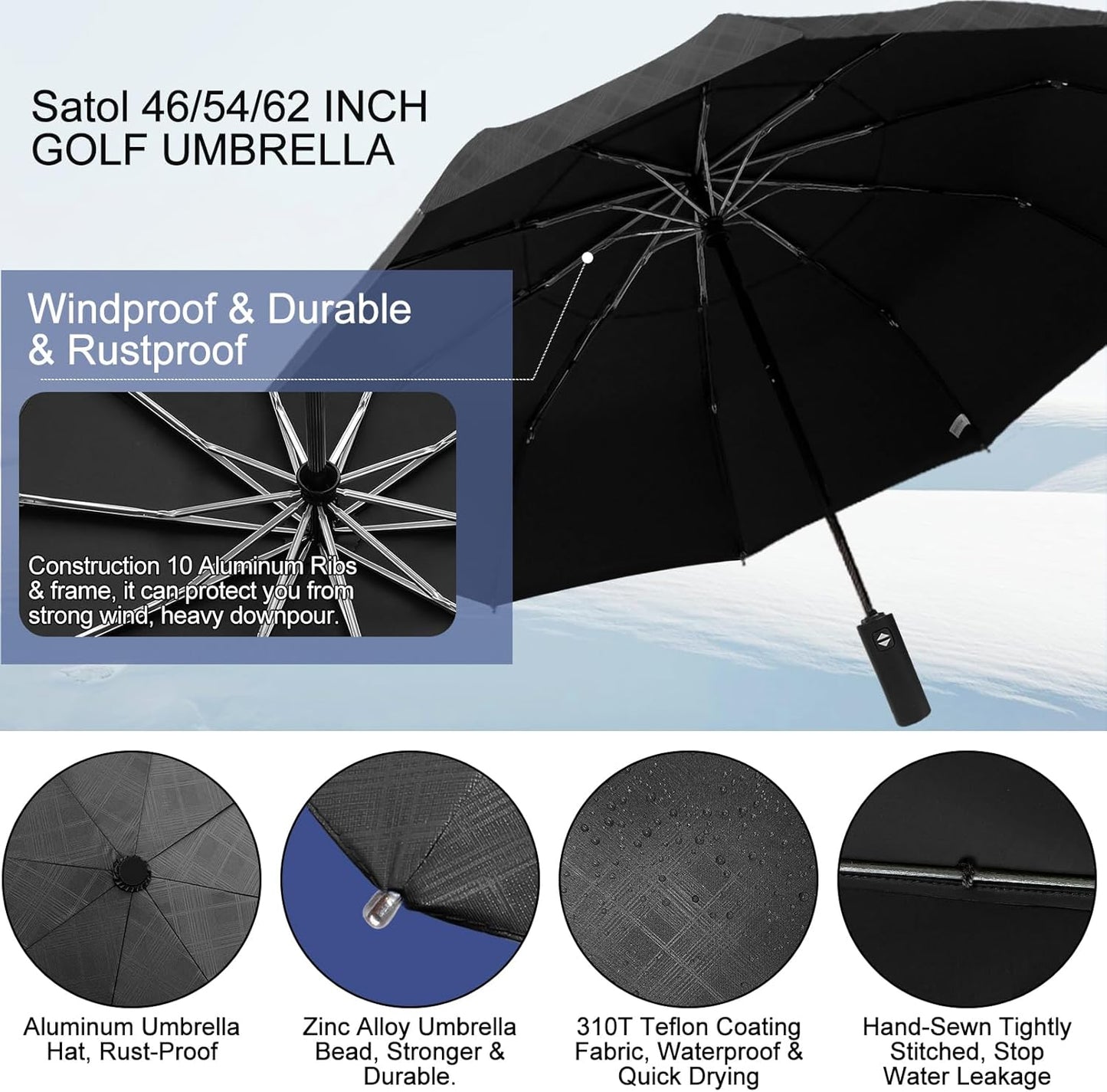 Satol 46/54/62 Inch Large Golf Umbrella, Windproof 10 Ribs Automatic Open/Close Oversize Double Canopy Vented Portable Folding Travel Umbrellas, UPF 50+ Sun & Rain Compact Umbrellas for Outdoor