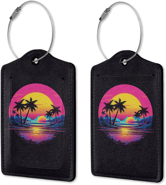 2 Pack Sunset Palm Trees Luggage Tags for Suitcase,Luggage Tag with Privacy Flap,Name ID Label and Stainless Steel Loop for Women Men Baggage Bag Backpack
