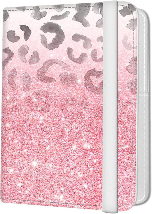 Passport Holder for Travel Essentials, Leather RFID Blocking Passport Wallet Cover Case, Cute Passport Book Holders for Women and Men Pink Glitter Leopard