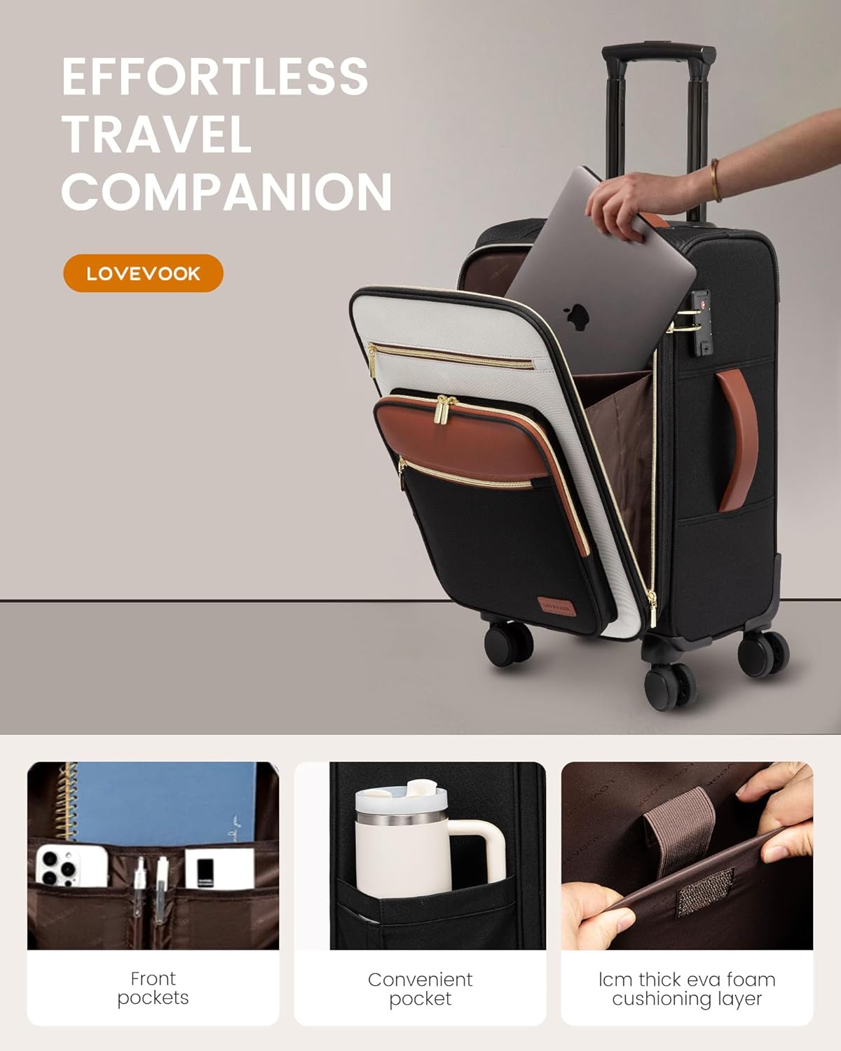 LOVEVOOK Carry on Suitcase 22x14x9 Airline Approved,20 inch Lightweight Waterproof Suitcases with 360° silent swivel wheels, TSA Lock and Compartment, Large Capacity travel Suitcase Beige khaki