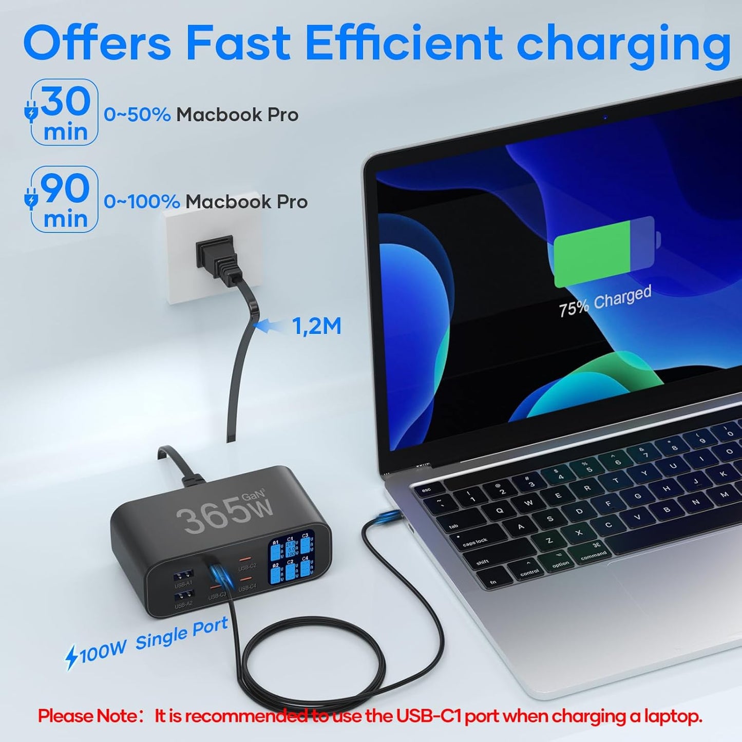 365W USB C Charger 6-Port with LED Display Adjustable Brightness, USB Charging Station GaN Multiport Fast Charger PD 100w 65W QC 3.0 Support PPS Compatible with MacBook iPhone Samsung, Black