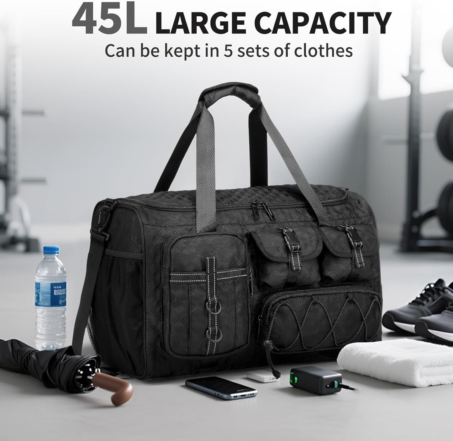 Gym Bag for Men Women, 40L Sport Duffel Bag, Anti-Theft Overnight Backpack W/Shoe Compartment for Fitness Travel, Black
