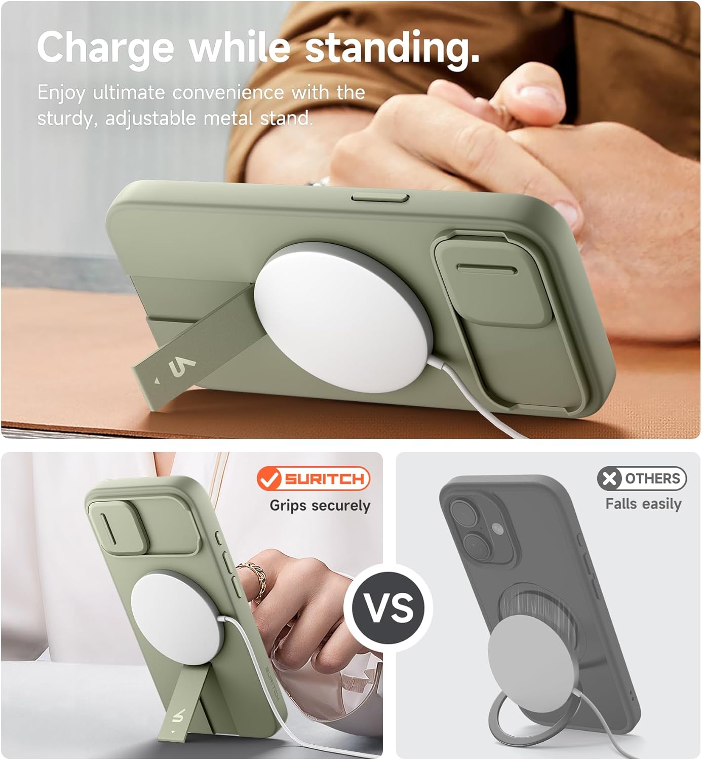 SURITCH for iPhone 16e Case with Magnetic Camera Slide Cover and Adjustable Kickstand, Compatible with MagSafe, Shockproof Bumper Case Slim Protective Cover 6.1 Inch,Green