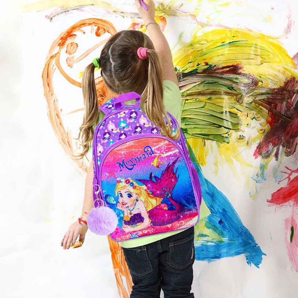 UFNDC 3PCS Backpack for Girls with Lunch Box,16”Kids Sequin Bookbag with Lunch Box, School Bag for Elementary Toddler