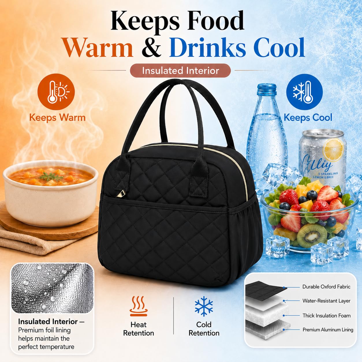 CAMTOP Lunch Box for Women Insulated Lunch Bag Lunchbox Cooler Thermal Leakproof Quilted Reusable