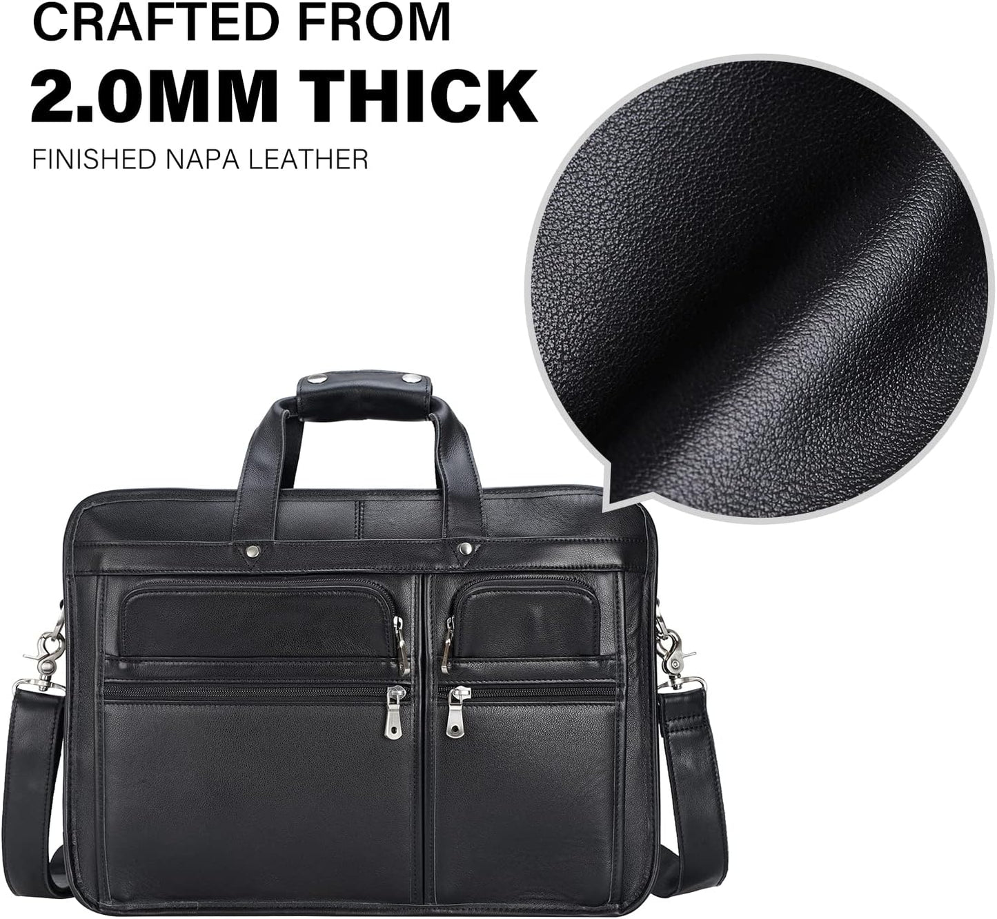 Men's Full Grain Leather Briefcase Large 17 Inch Business Travel Laptop Messenger Bag Tote with YKK Metal Zippers