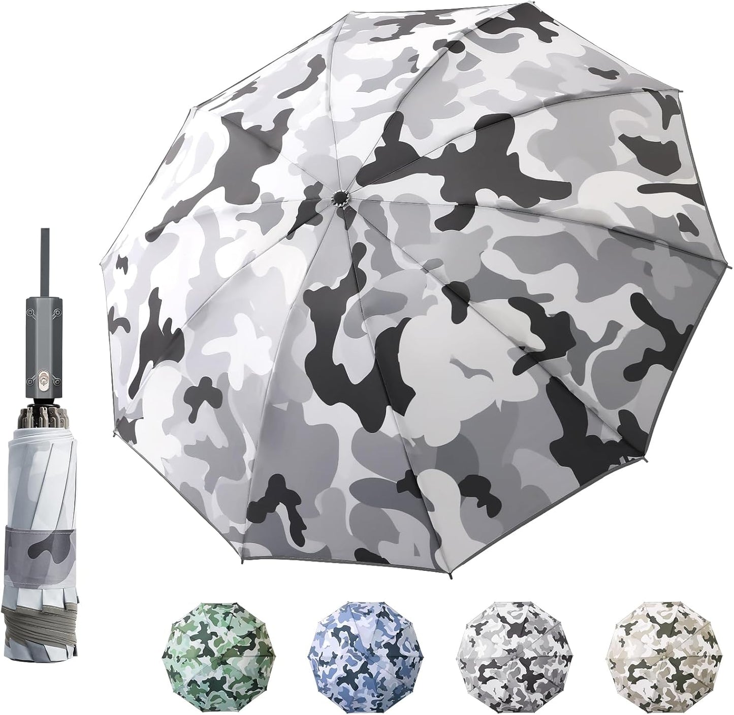 Large Windproof Travel Umbrella, Portable Reverse Folding Rain Umbrella for Car,Women and Men, Durable, Compact Inverted Design with Camouflage Canopy, Fits Backpack, 41.5/13 Inch, Automatic