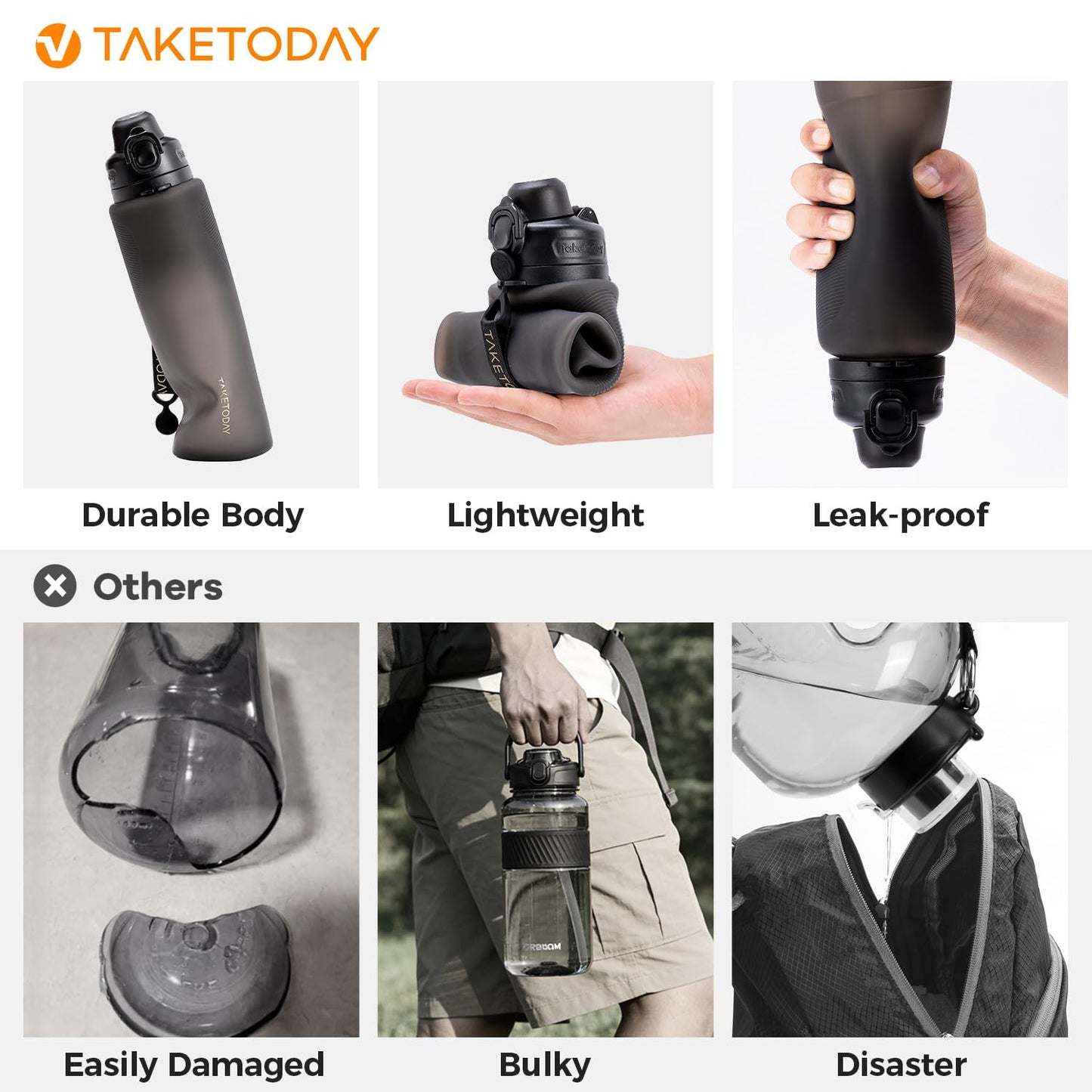TakeToday Collapsible Water Bottles, Foldable for Travel, 32oz, Black
