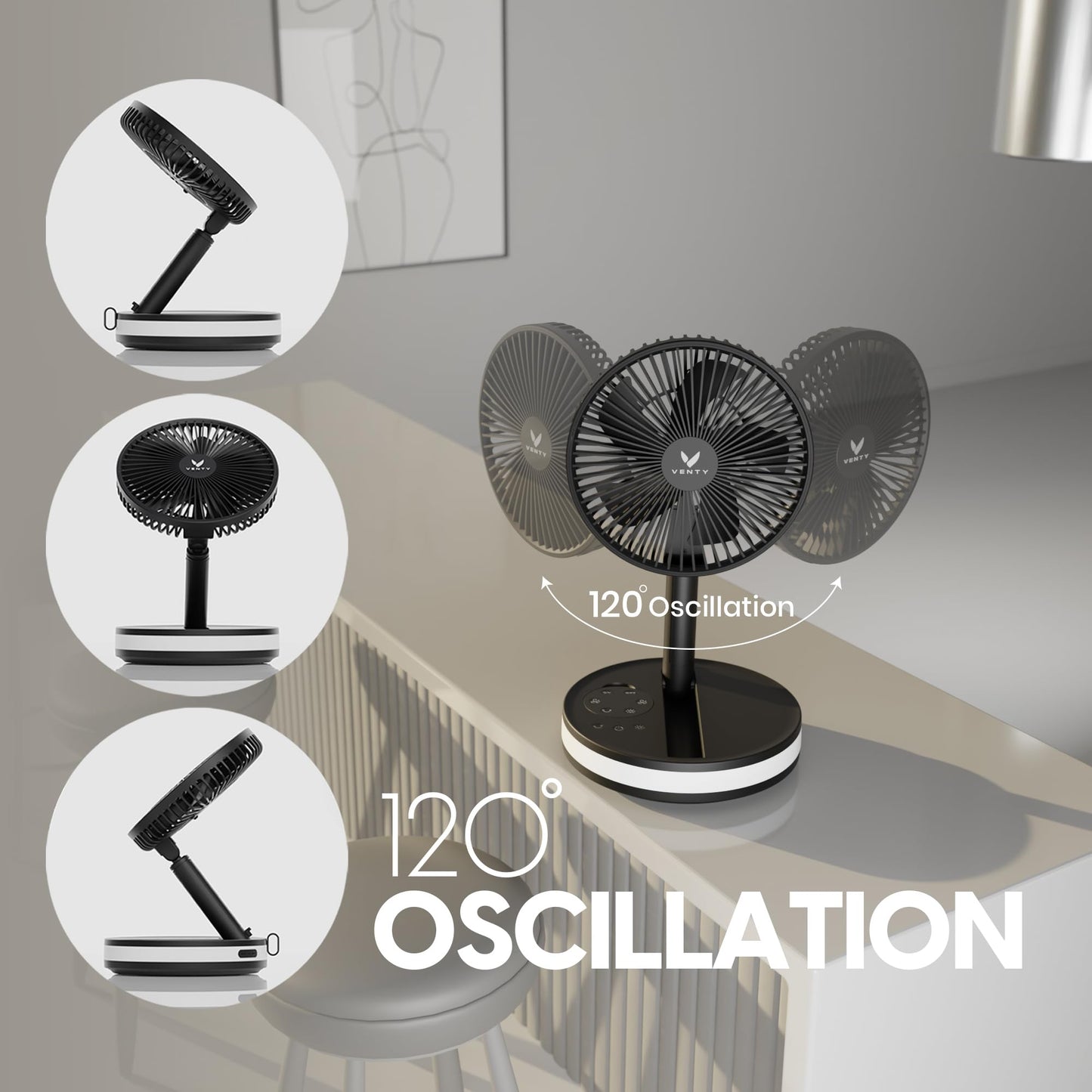 VENTY Portable Fan - Wireless Battery Operated Fan - 4 Speeds - LED Lighting - Carry Case & Remote