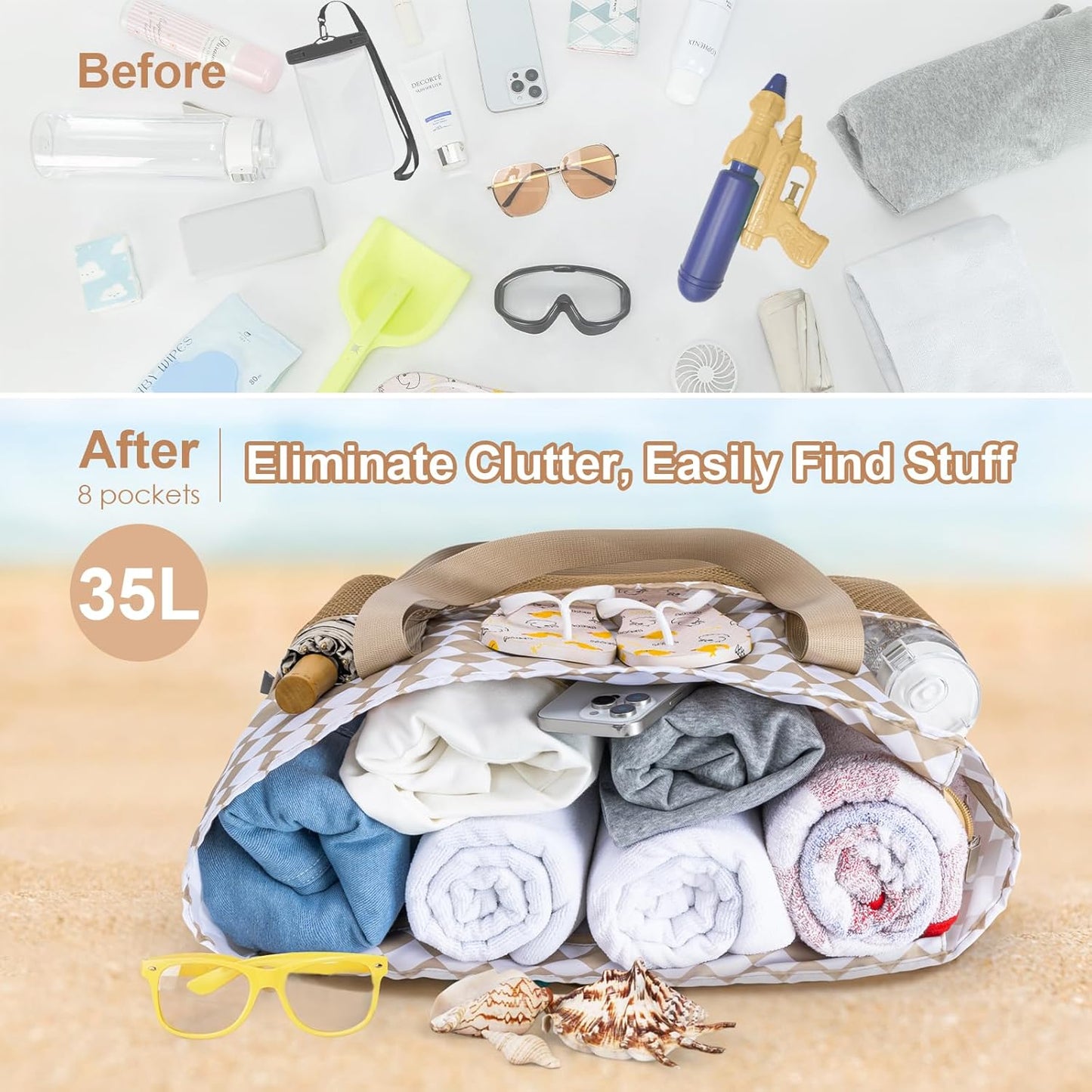 KABAQOO Large Beach Bag Waterproof Sandproof Tote Bag for Women with Zipper & Mesh Pockets for Pool Swim Travel Everyday