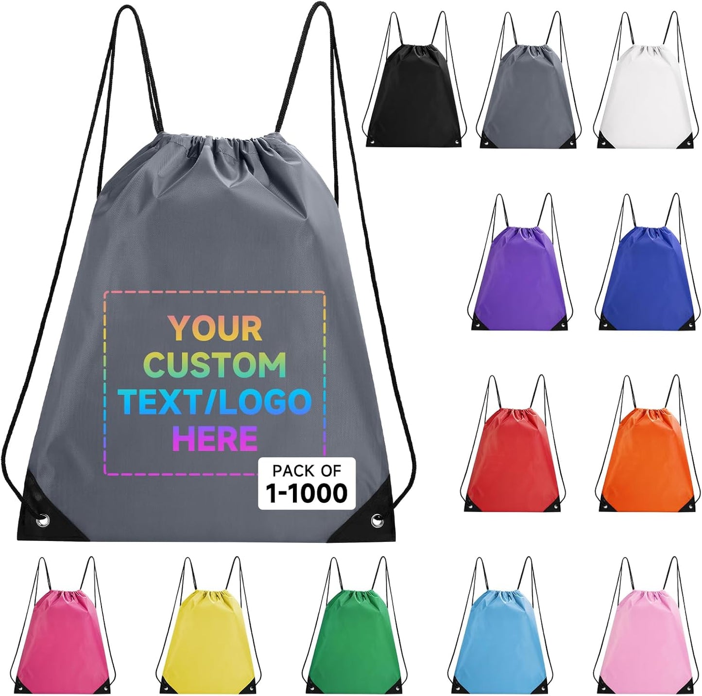 Custom Drawstring Bags With Logo, 100 Pack Personalized Text Drawstring Backpack Bulk Great for Travelling, Gym and for Everyday Use (Dark Gray)