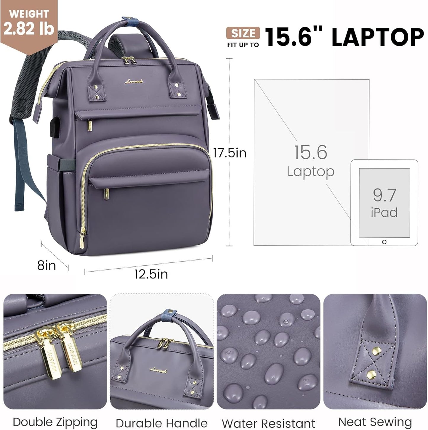 LOVEVOOK Leather Laptop Backpack for Women 17 inch,Travel Backpack Purse Nurse Teacher Backpack Computer Laptop Bag,Professional College Business Work Bags Carry On Backpack with USB Port,Grey Purple