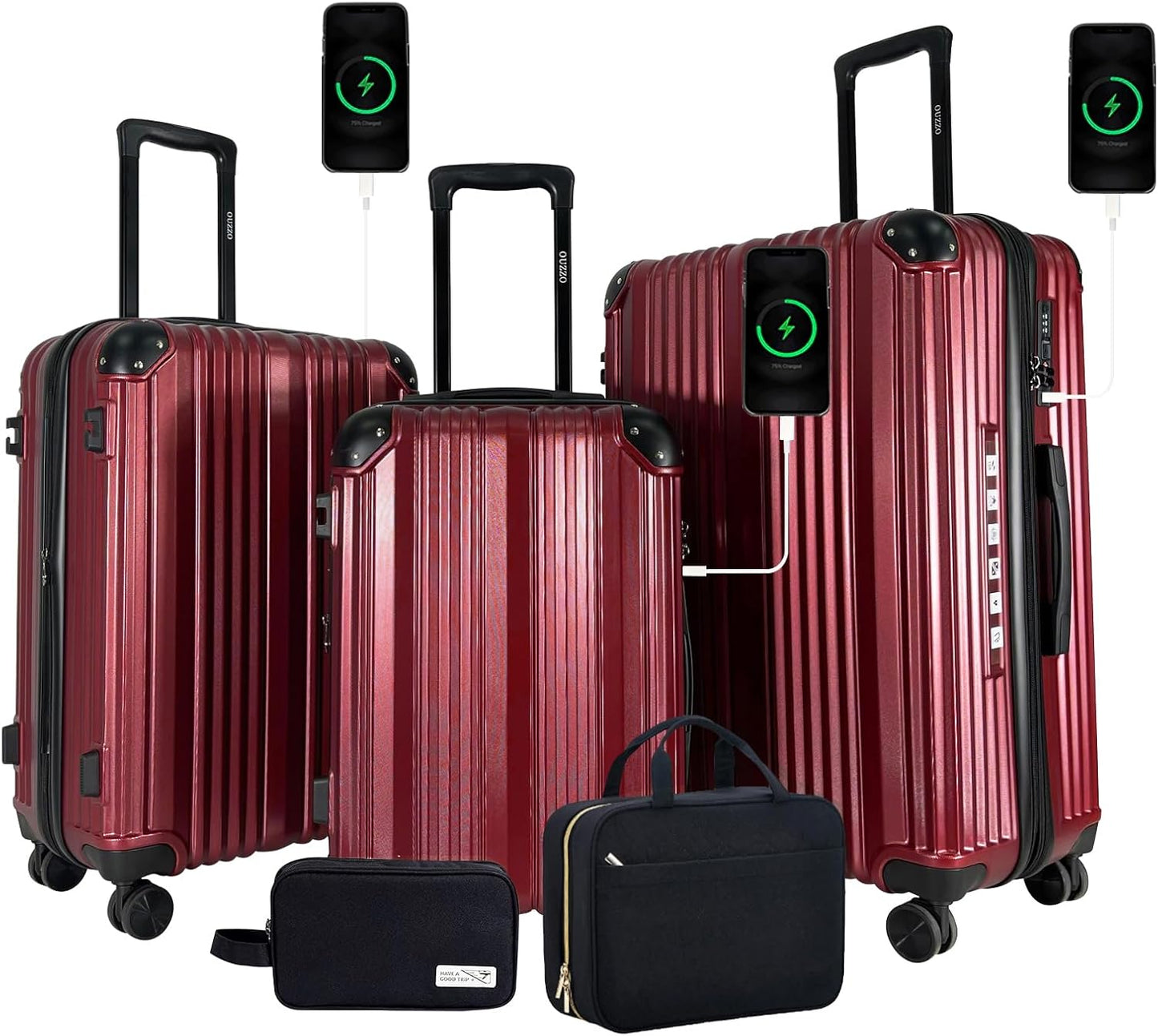 OUZZO 3-Piece Luggage Set, Hard-Shell Suitcases with USB Charging Port, 20/24/28-inch Spinner Wheels, Corner Protectors, TSA Approved, Expandable Luggage, Red