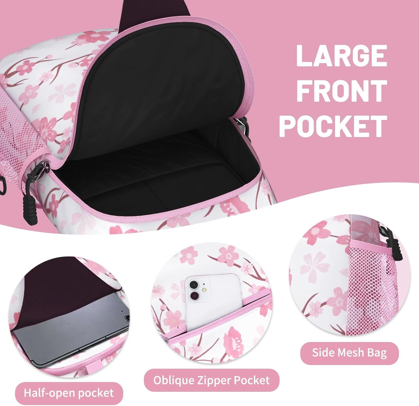 Pink Cherry Blossom Sling Bag Crossbody Chest Bag for Women Men, Water Resistant Lightweight Casual Crossbody Bag with Adjustable Strap, Travel Hiking Daypack Shoulder Backpack
