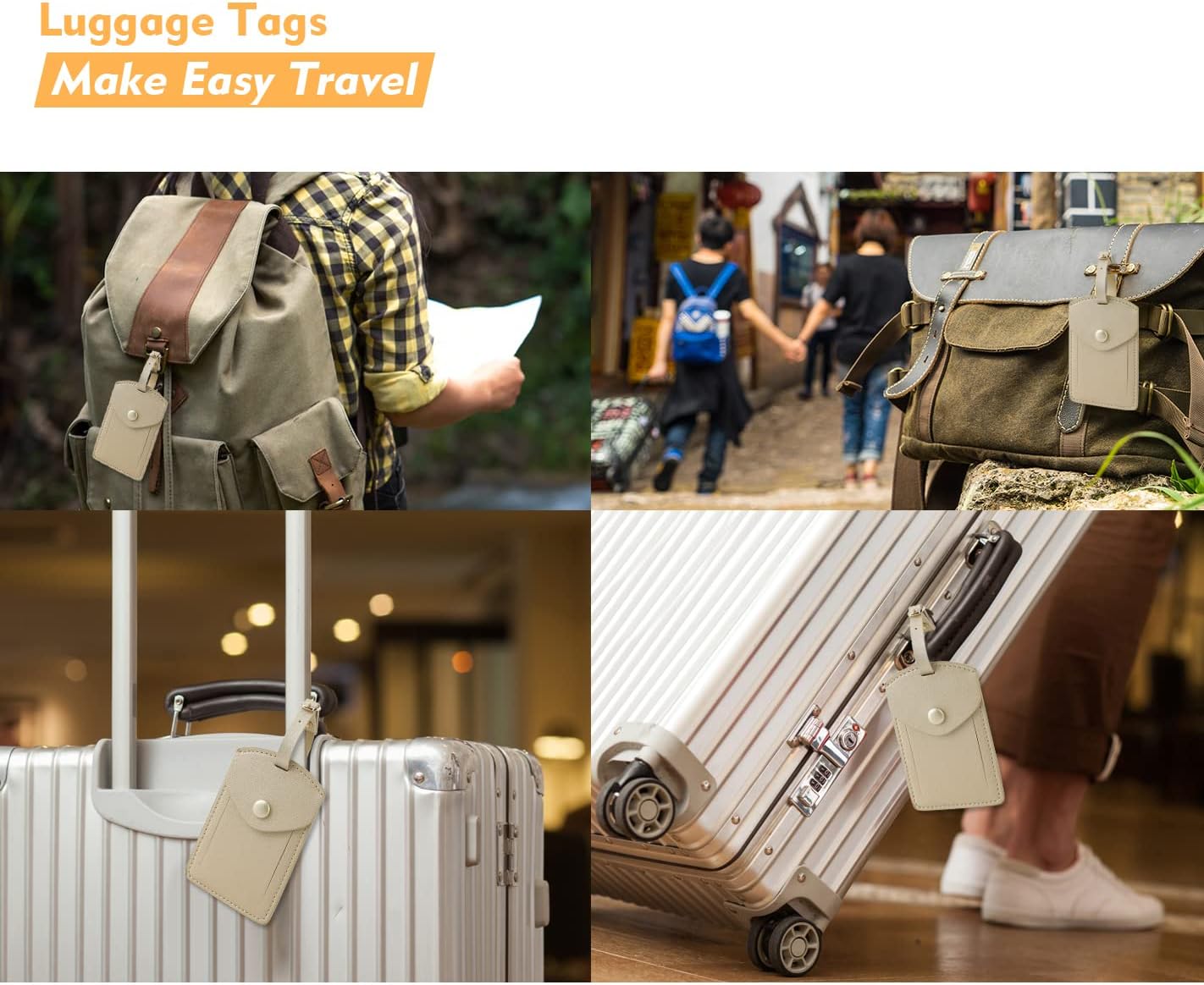 Kevancho Leather Luggage Tags for Men Women, Suitcase Labels Baggage Bag Tag ID Tags with Full Back Privacy Cover for Cruise Ships, Travel Accessories Tags Set of 2 PCS (Beige)