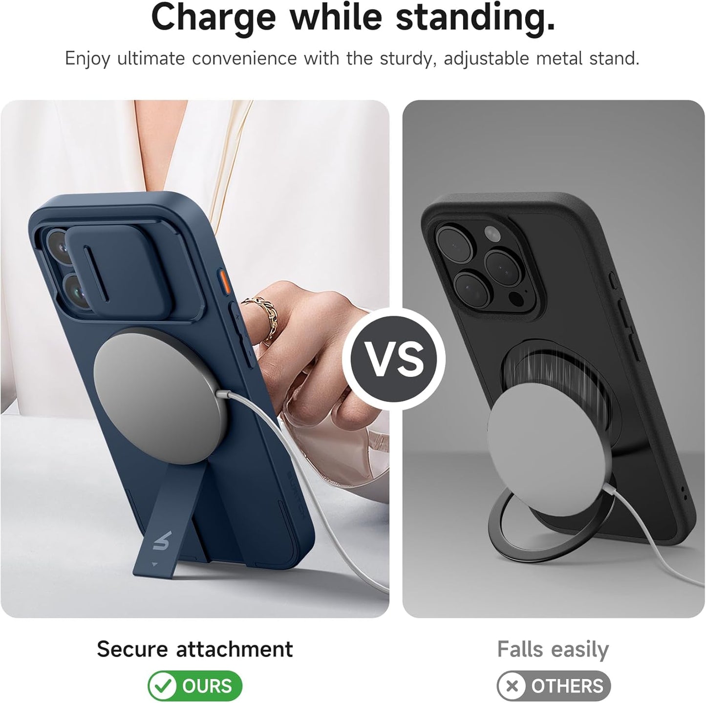 SURITCH for iPhone 15 Pro Case with Magnetic Camera Slide Cover and Adjustable Kickstand, Compatible with MagSafe, Shockproof Bumper Case Slim Protective Cover 6.1 Inch, Blue