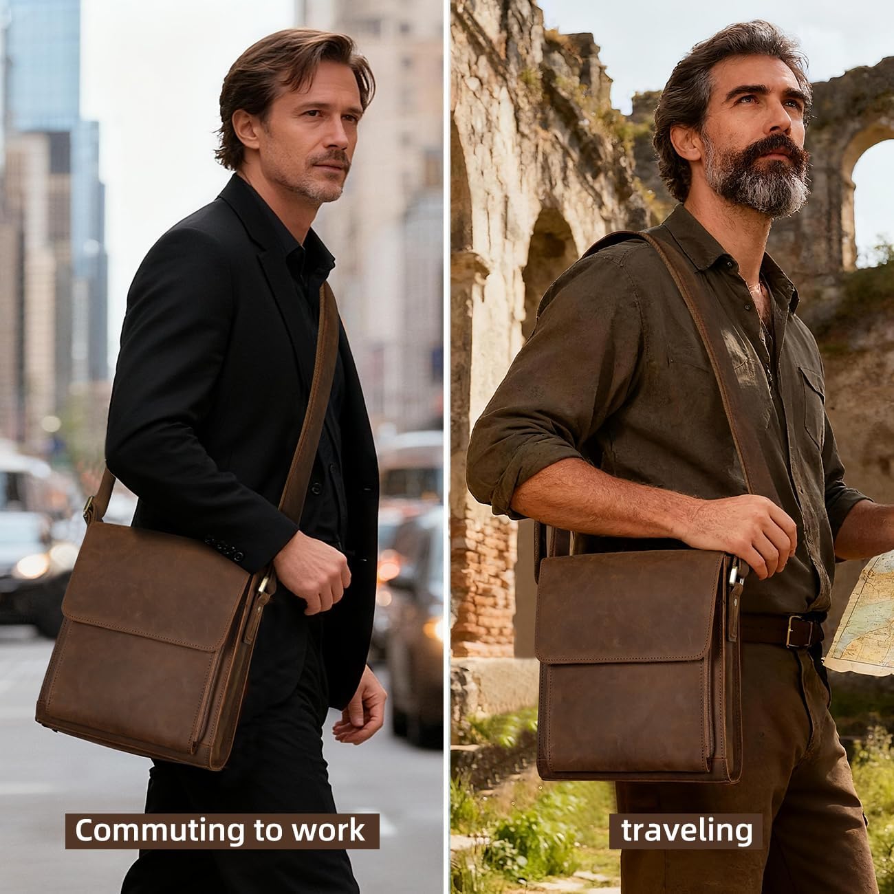 Augus Leather Messenger Crossbody Shoulder Bag for Men Work Business Casual Adjustable straps With YKK Metal Zipper