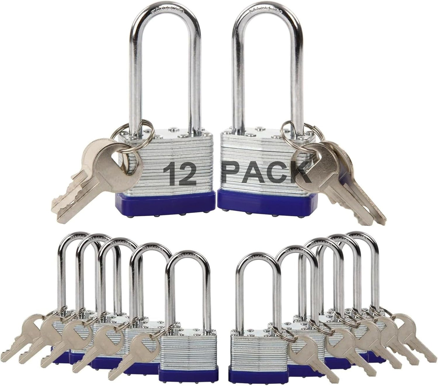 SEPOX® Lucky-12Pcs Set Keyed-Alike Laminated Steel Padlocks with Same-Key, Long-Shackle, 1-9/16" 40MM Heavy-Duty Padlock Body, 12Pcs of Locks with 28Pcs Key with Big Handle for Lockers-Lock, Fence