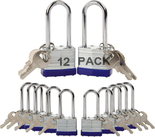 SEPOX® Lucky-12Pcs Set Keyed-Alike Laminated Steel Padlocks with Same-Key, Long-Shackle, 1-9/16" 40MM Heavy-Duty Padlock Body, 12Pcs of Locks with 28Pcs Key with Big Handle for Lockers-Lock, Fence