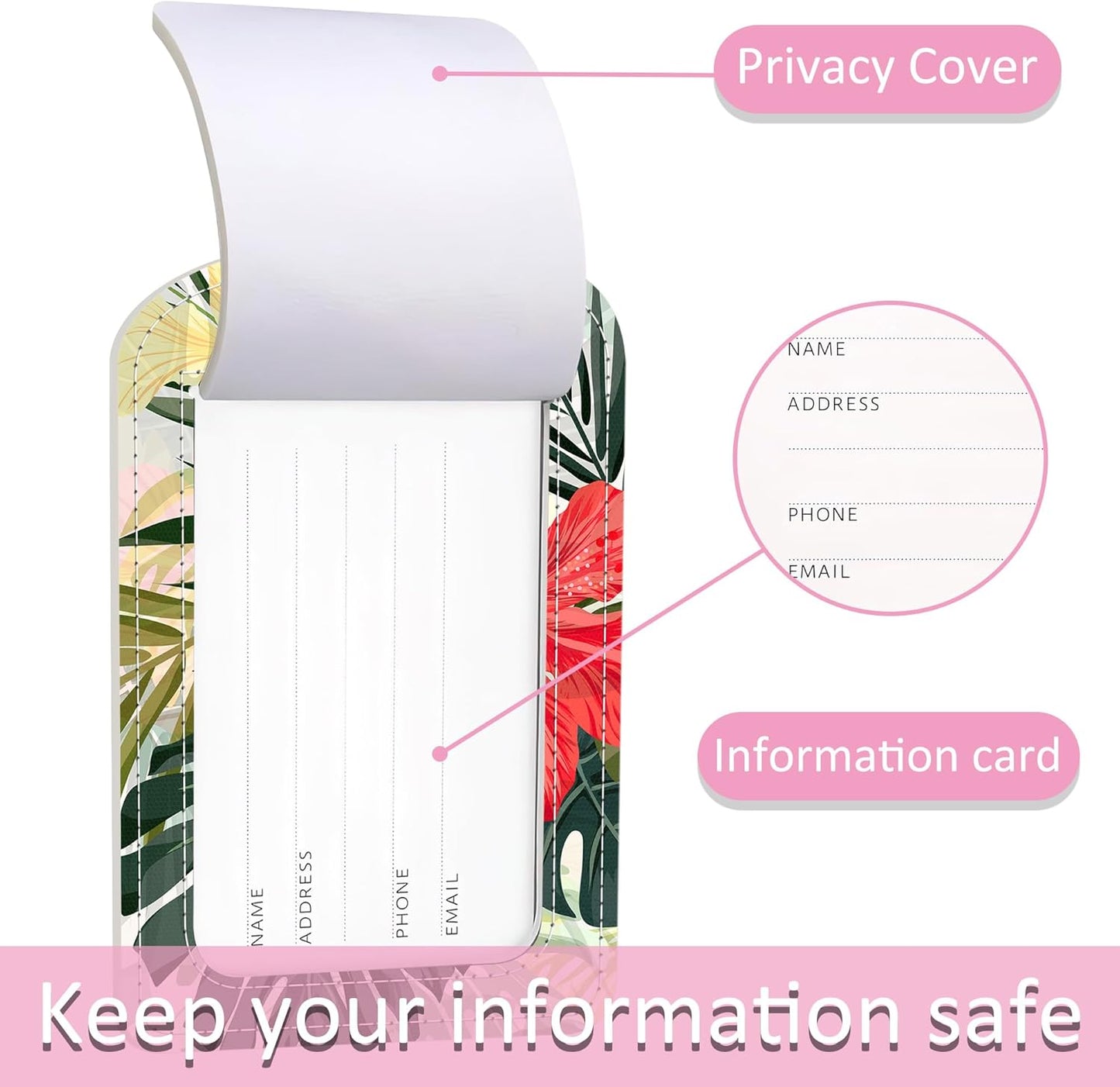 Luggage Tags for Suitcase,2 Pack Tropical Leaves Luggage Tag,PU Leather Id Label Luggage Tags with Stainless Steel Loop and Privacy Cover for Women Men Teens Travel